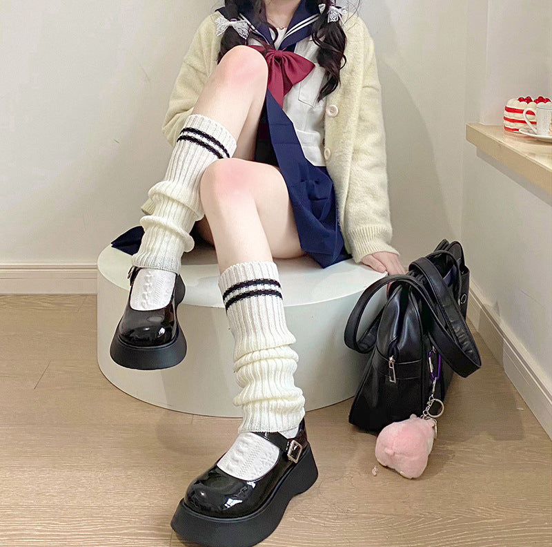 Womens Knitted Striped Black Over-the-Knee Socks