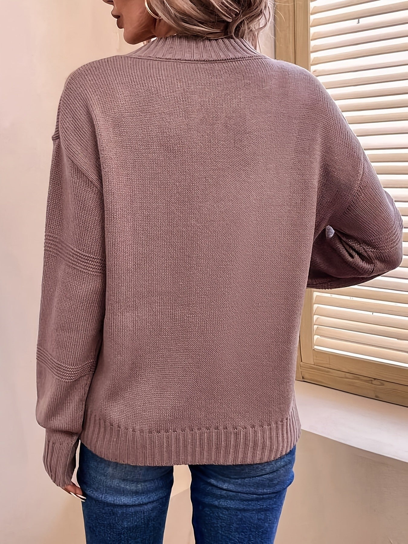 Semi-high Collar Textured Knit Sweater