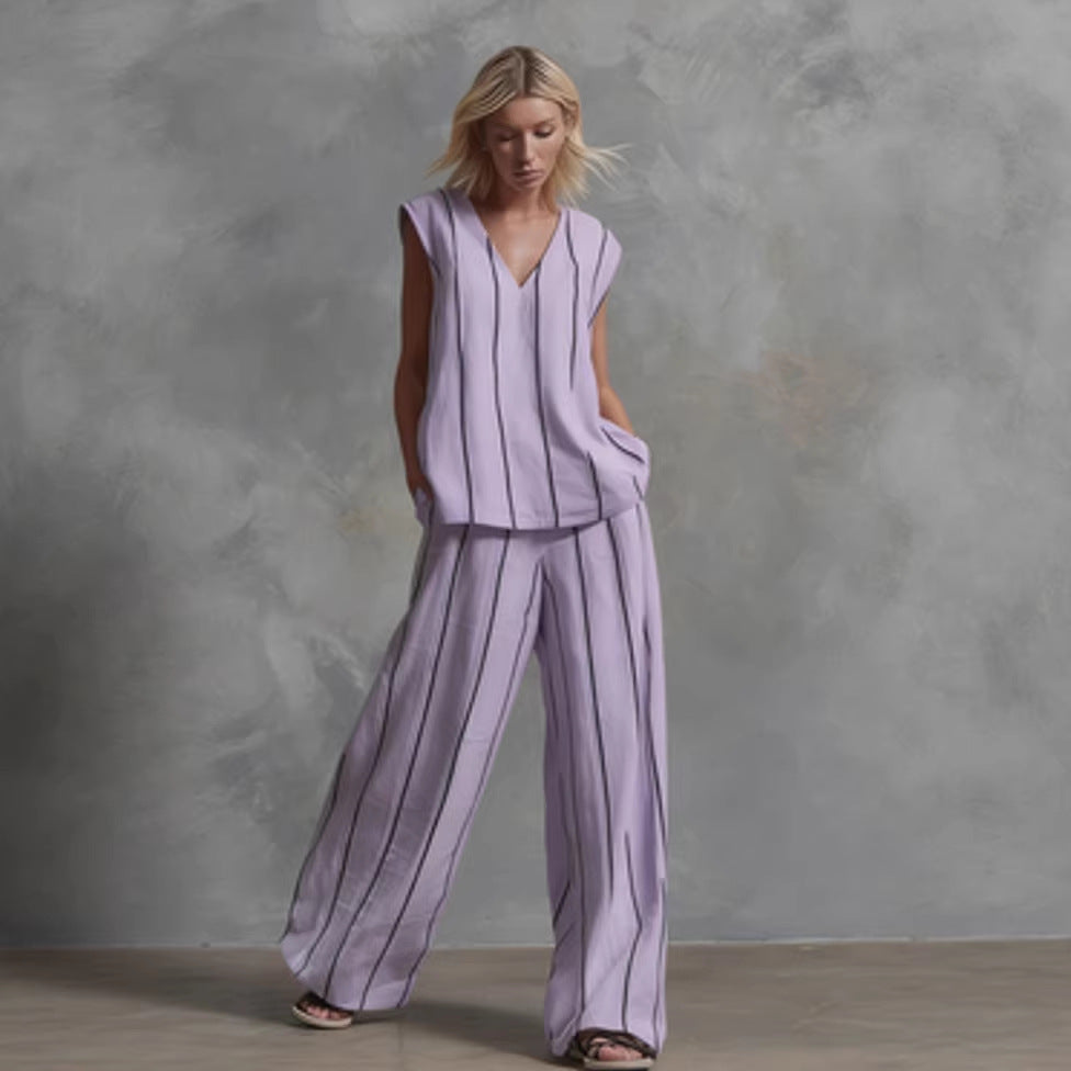 French Minimalist Black And White Vertical Stripe Loose Cotton-Linen Womens Set