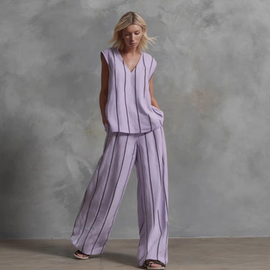 French Minimalist Black And White Vertical Stripe Loose Cotton-Linen Womens Set