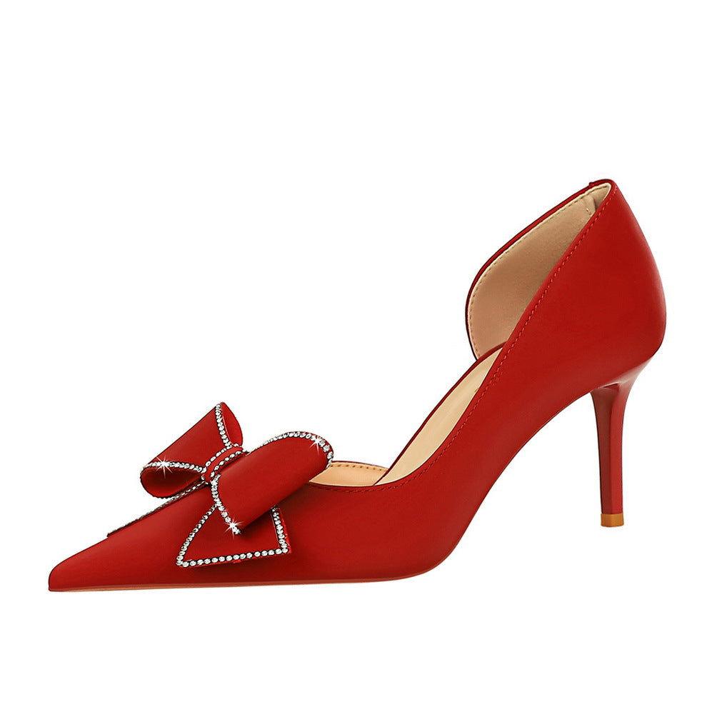 Women's Stiletto Low-cut Pointed Side Hollow Rhinestone Bow High Heels