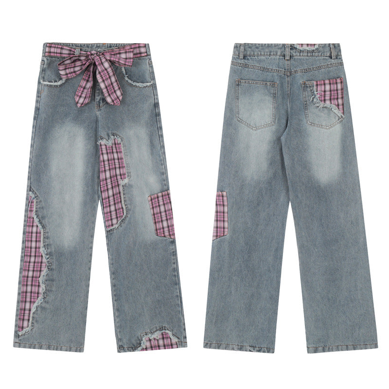 Design Frayed Plaid Stitching Jeans