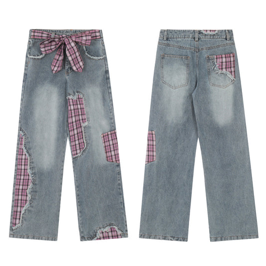 Design Frayed Plaid Stitching Jeans