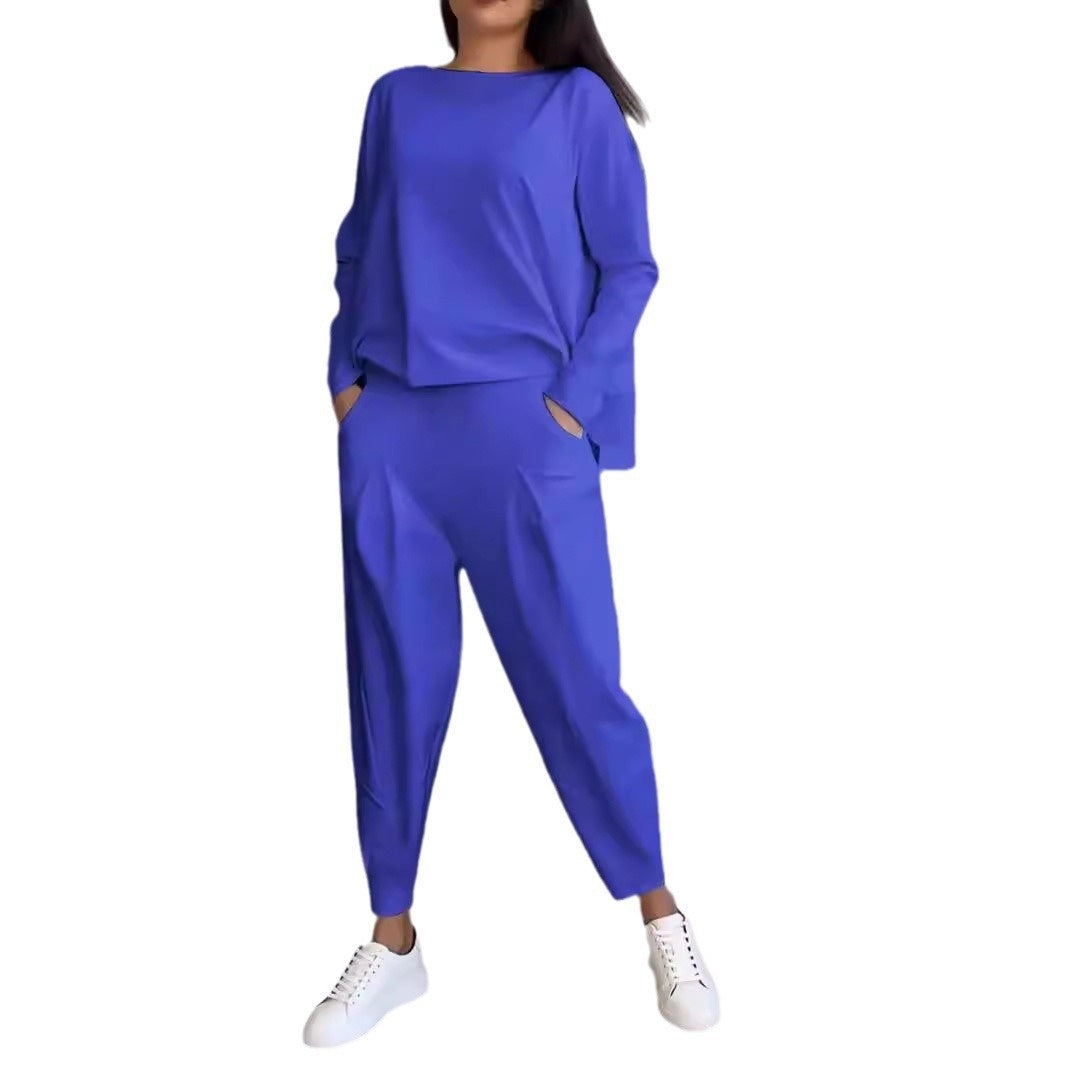Women's Solid Color Casual Tappered Round Neck Long Sleeve Two Pieces