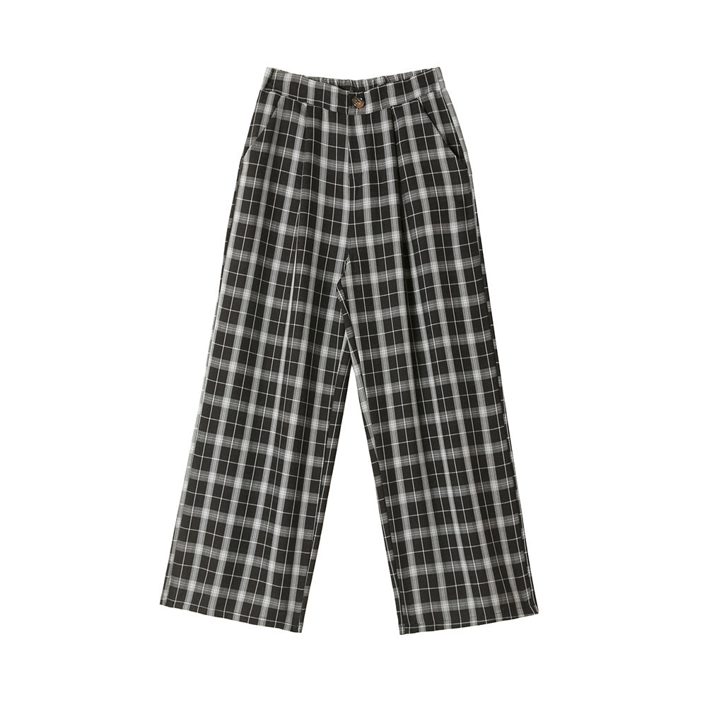 Cotton and linen checked wide-leg pants