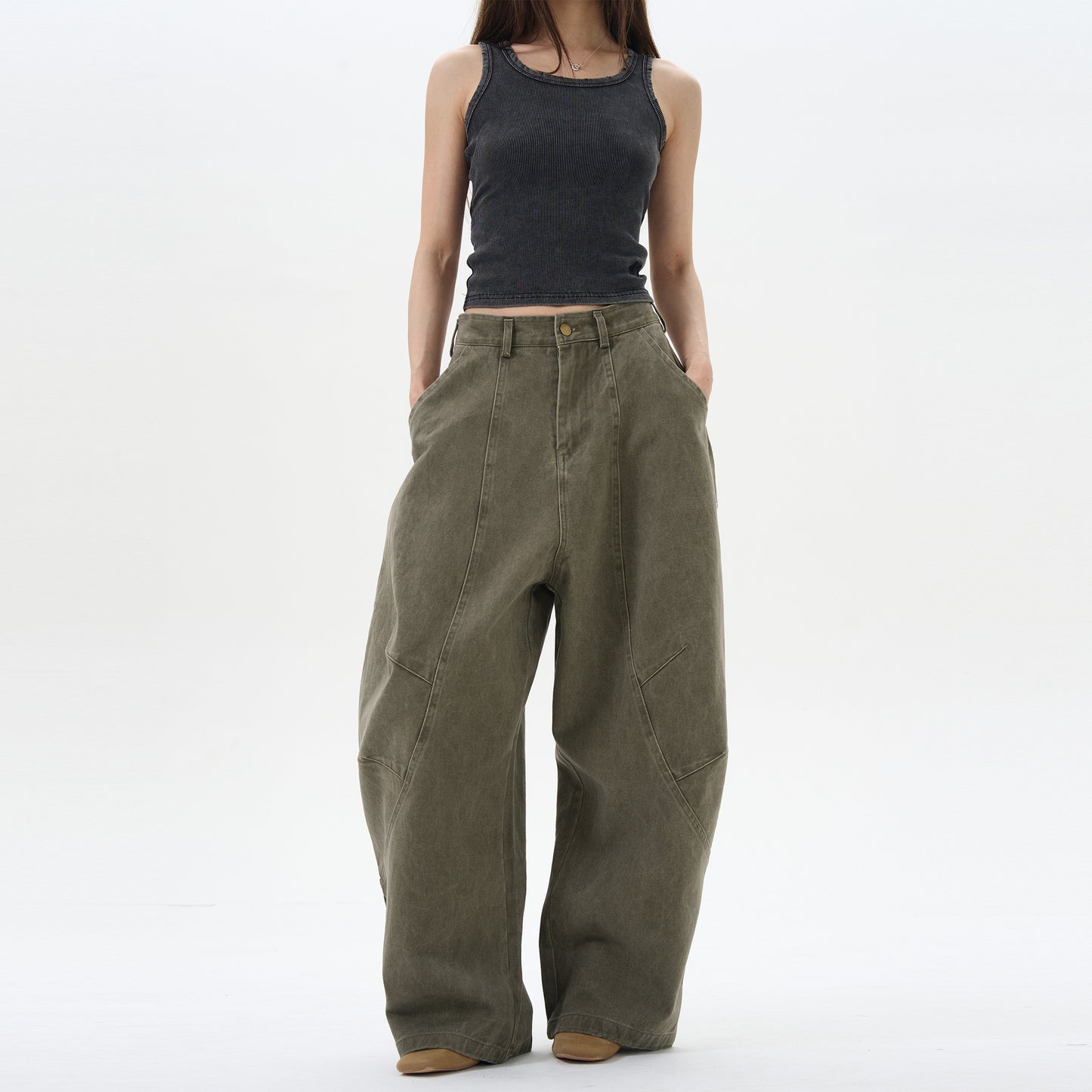 Green Brown Loose Matchet Pants Men And Women