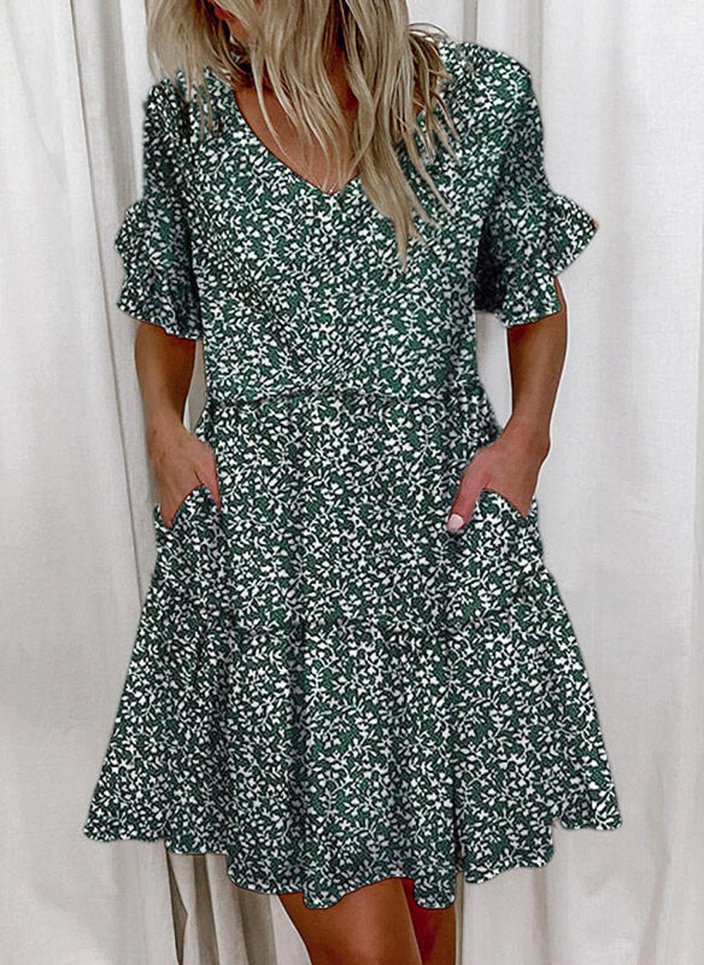 Fashion Printed Ruffle Pocket Short Dress