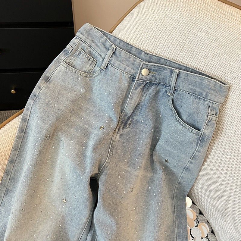 Dame højtaljede, slankende denim bukser med brede ben