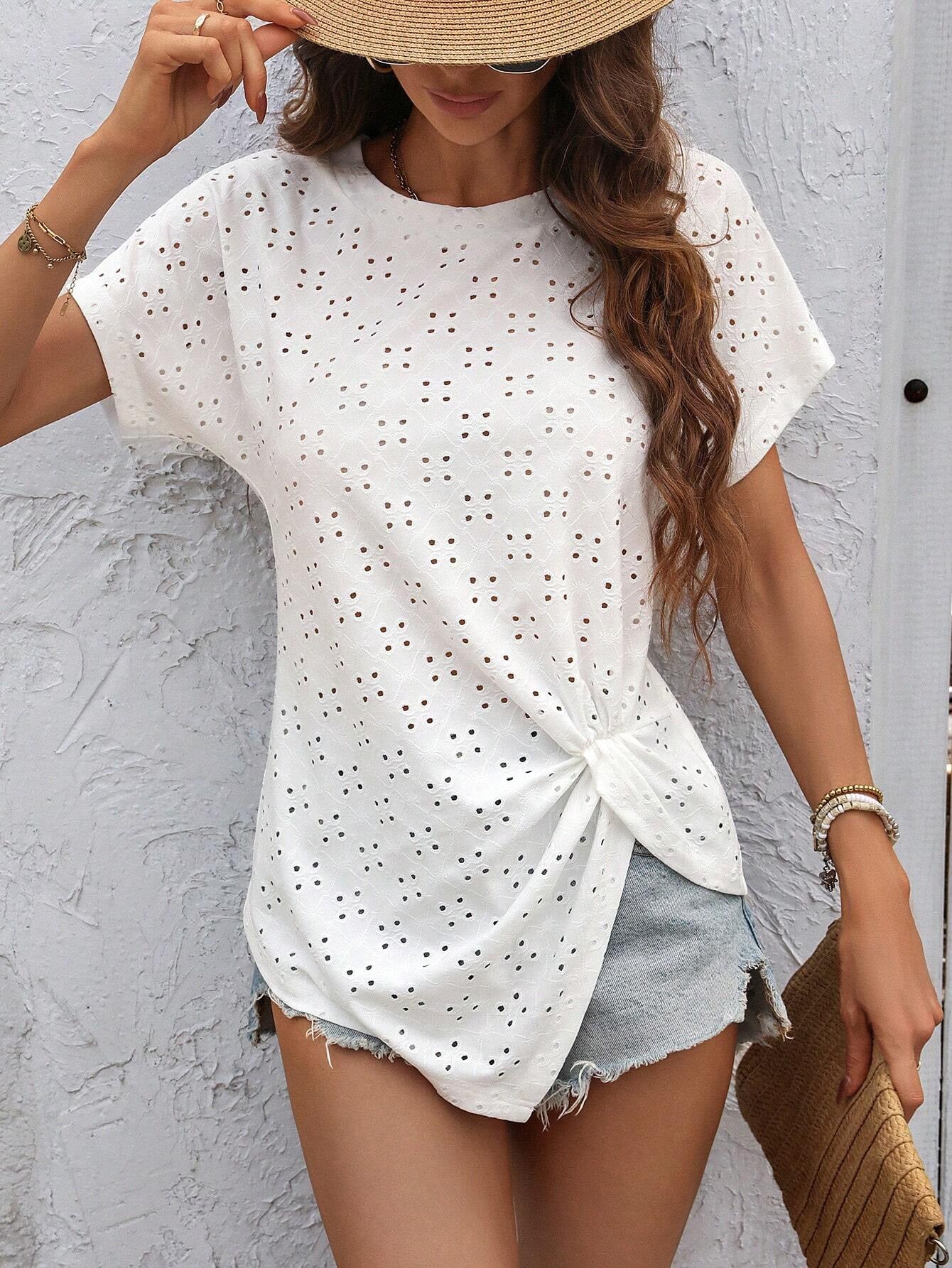Fashion Casual Kvinder Ensfarvet Frisk Jacquard Plisseret Rundhalset T-shirt