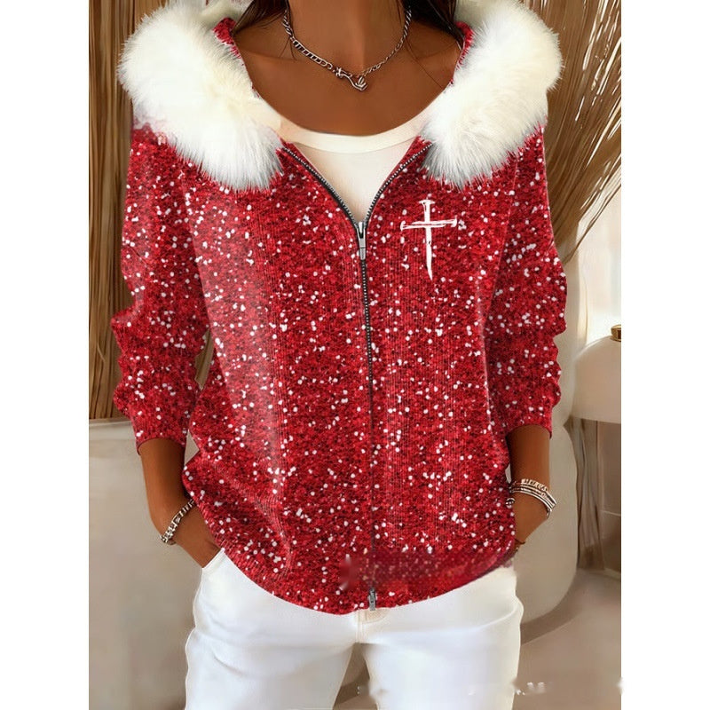 Stilfuld 3D Digital-Print Cardigan Til Damer Med Faux Fur Hætte