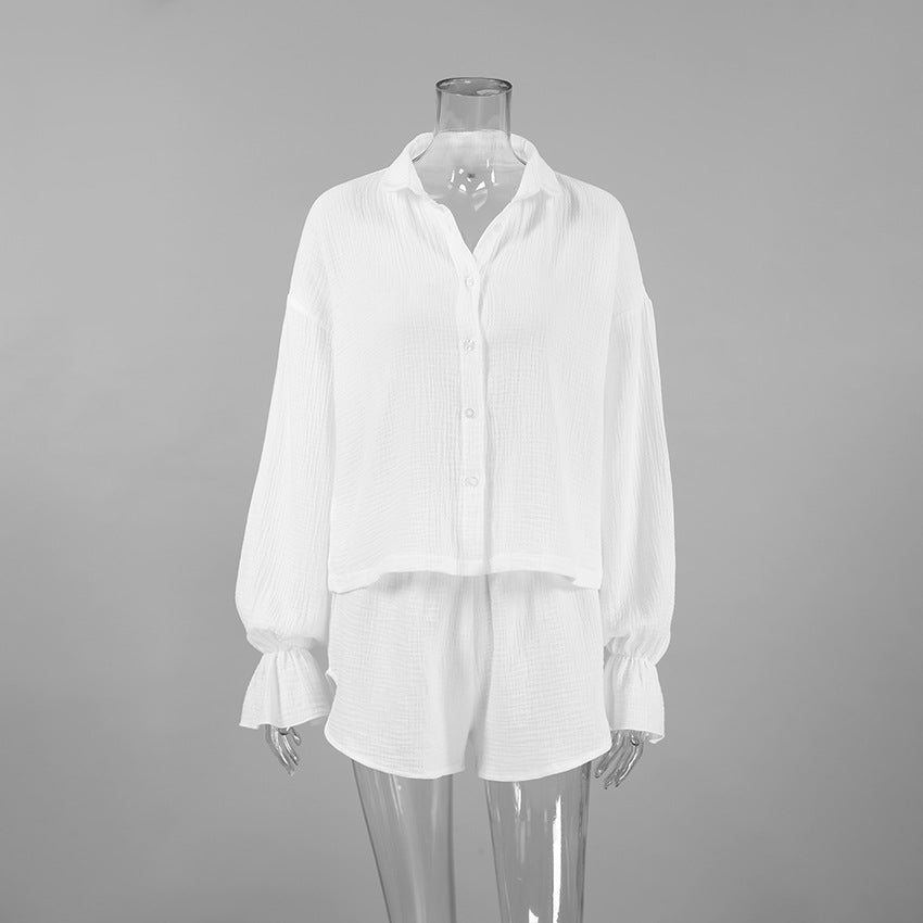Loose Comfortable Soft Cotton White Long-sleeve Shorts Loungewear Set