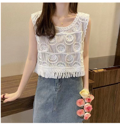 Women's Tassel Age-reducing Chiffon Patchwork Lace V-neck Shirt
