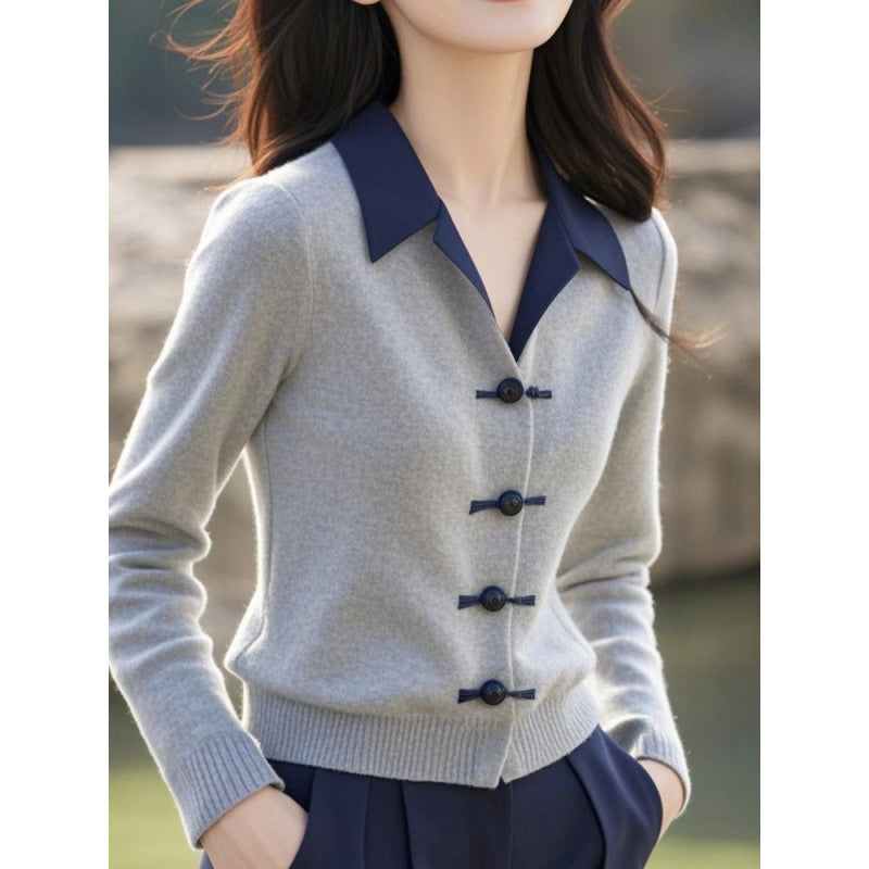 Womens Minimalist Elegant New Chinese-Style Knot-Button Knitted Top