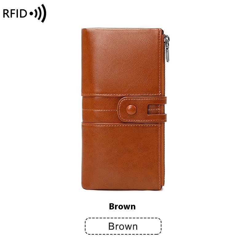 Oil Wax Leather Double Zipper Long European And American New Retro Anti-theft Swiping Women's Wallet