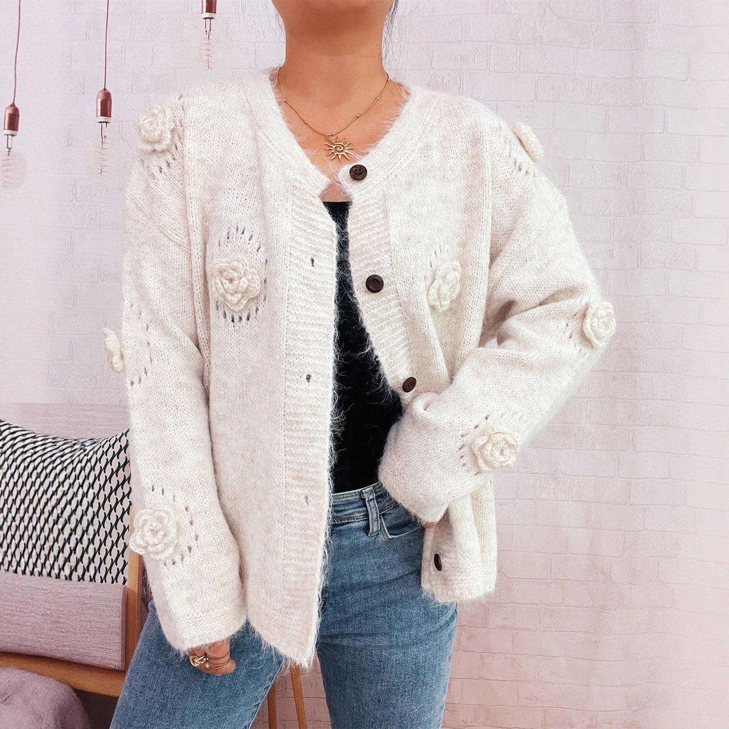Three-dimensional Flower Cutout Knitted Coat Round Neck Cute Sweater
