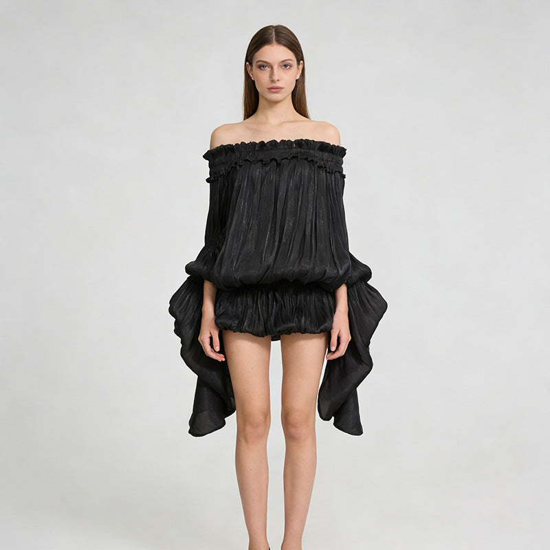Elegant Off-the-shoulder Short Skirt With Fluttering Straps And A Tie-detail Design