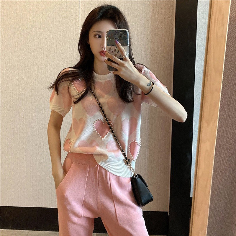 Women's Summer Loose Heart Jacquard Beaded Knitted T-shirt Short Sleeve