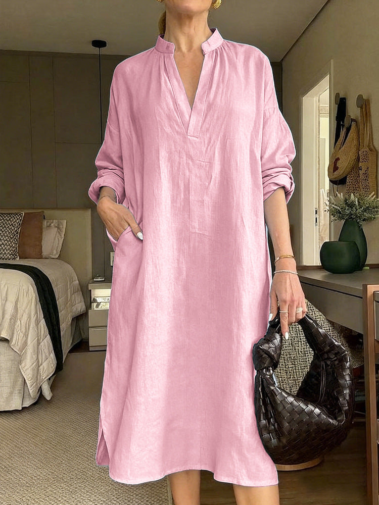 Womens Retro Cotton-Linen Long-Sleeve V-Neck Pocket Dress