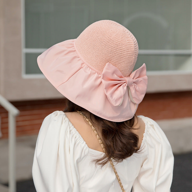 Black Glue Bow Wispy Empty Cycling Big Brim Face Sun Protection Hat