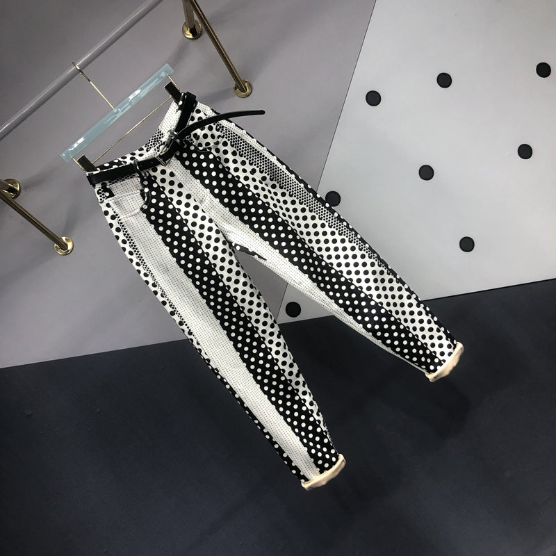 Women's Versatile Polka Dot Printed And Dyed Denim Trousers