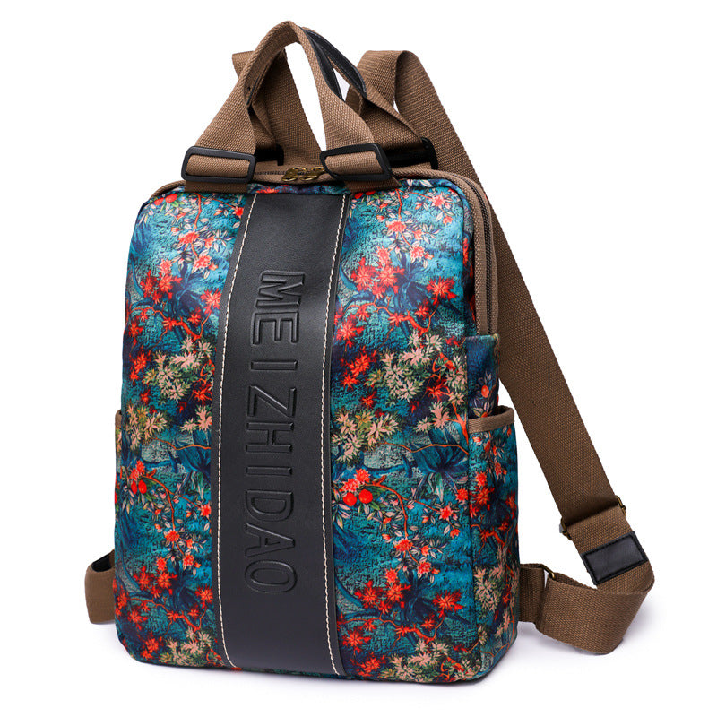 Retro Printed Wear-resistant Splash Proof Large Capacity Stitching Backpack For Women