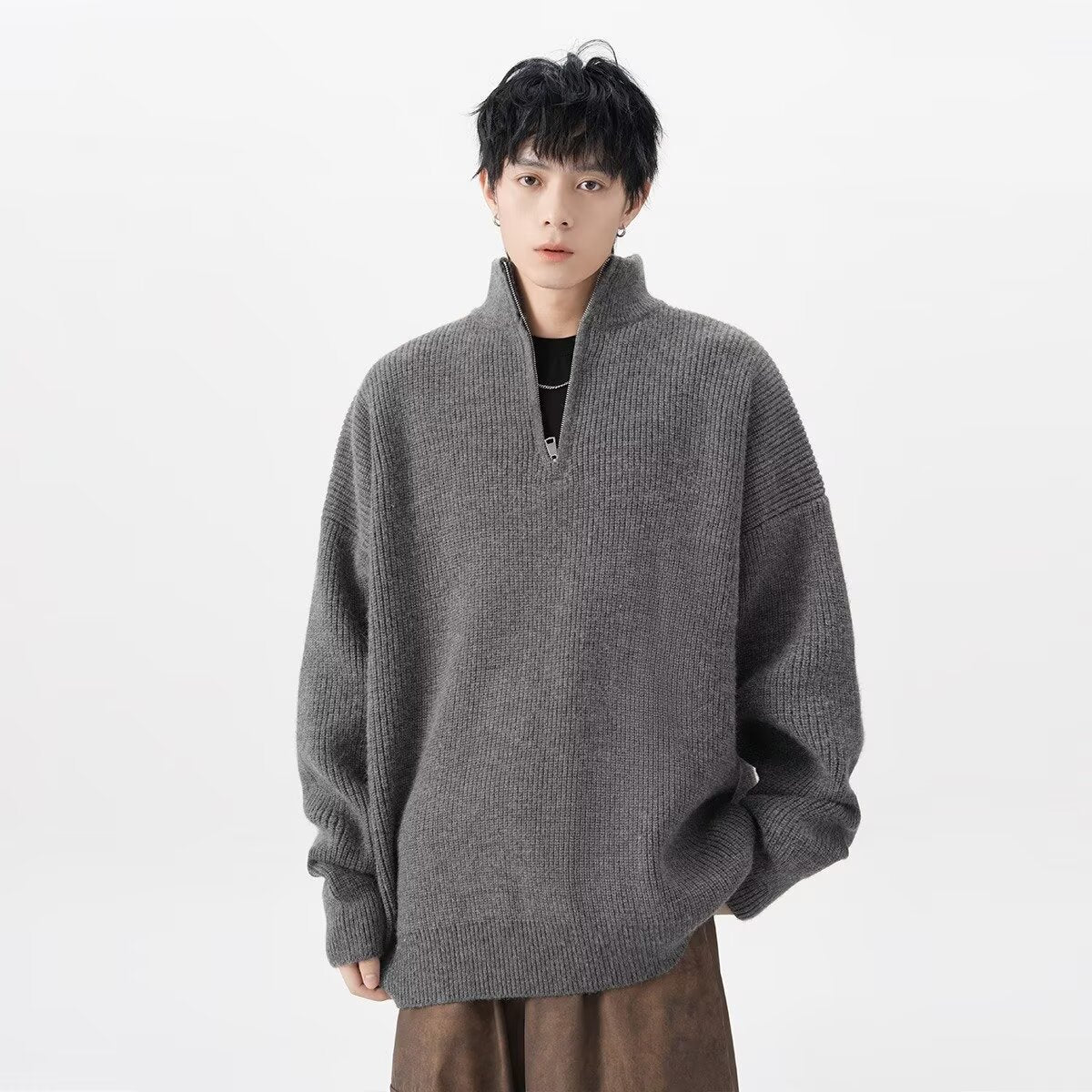 American-style Half Zipper Destroyed Sweater Men's Autumn And Winter Loose Lazy Style