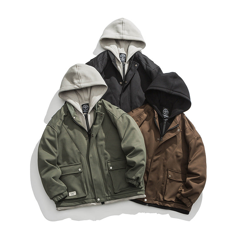 Color Matching Three-dimensional Pocket Fake Two Pieces Shirts Retro Hooded Jacket Men