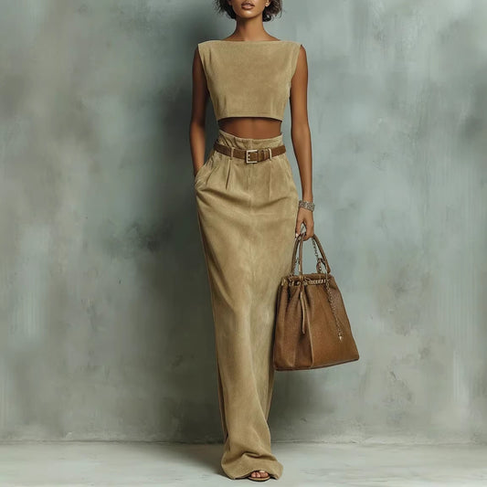 Fashionable Faux Suede Velour Set Vest And Pants