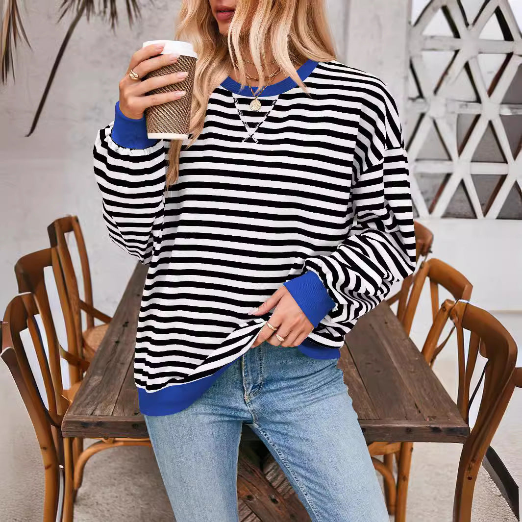 Løs stribet langærmet T-shirt afslappet pullover sweater til dametøj