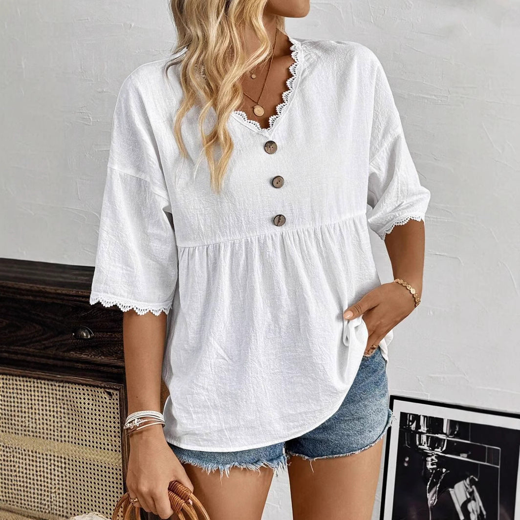 Women's Casual Contrasting Color Lace V-Neck Short-Sleeve Shirt