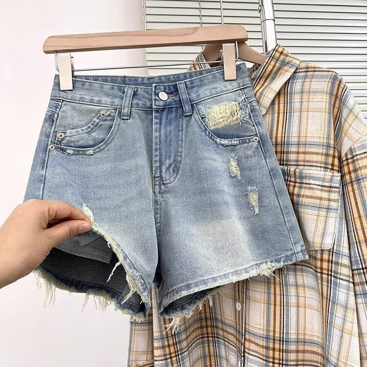Plus-size High-waisted Ripped Denim Shorts For Women