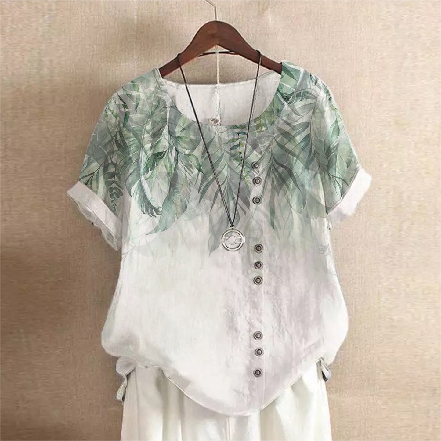 Retro Cotton And Linen Printed Loose Casual Shirt Short-sleeved T-shirt For Women