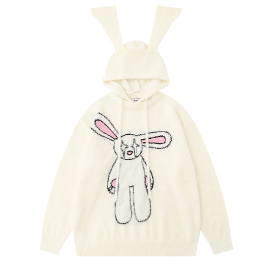 Cute Rabbit With Long Ears Hooded Sweater Fake Two Pieces Pullover