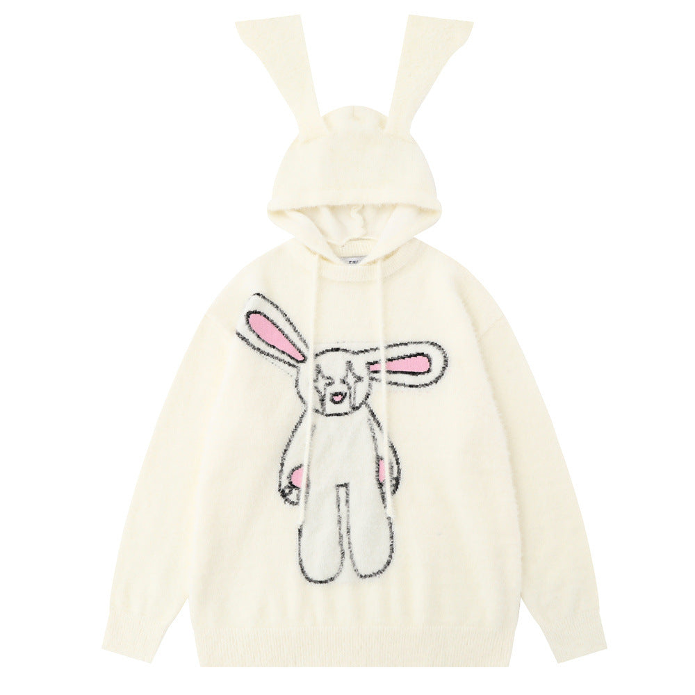 Cute Rabbit With Long Ears Hooded Sweater Fake Two Pieces Pullover