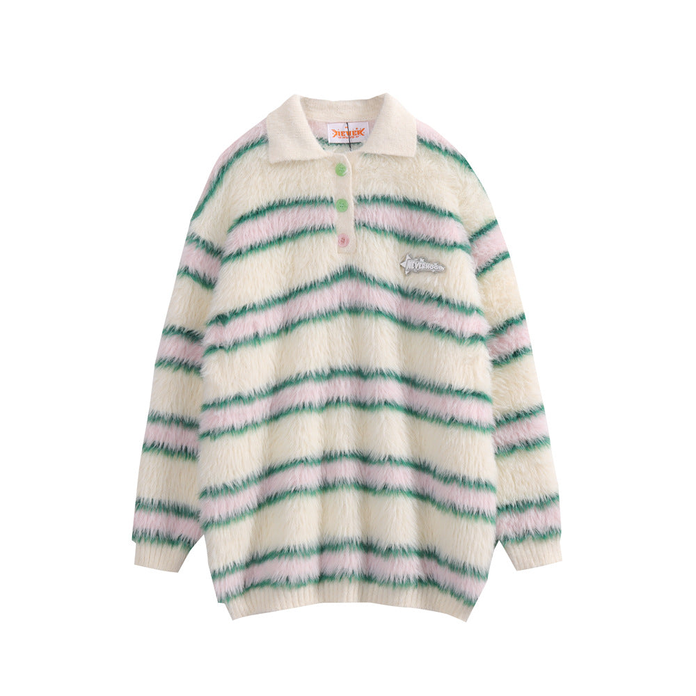Contrast Striped Plush Sweater Long Sleeve Lapel Pullover