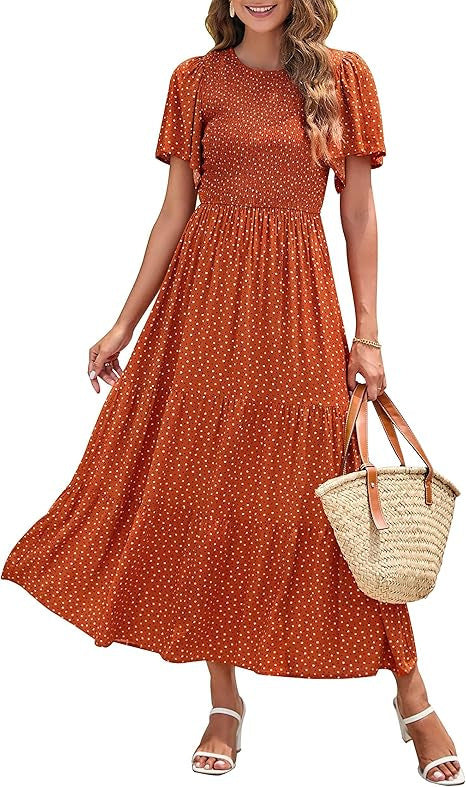 Women's Short-Sleeve Crew-Neck Bohemian Beach Dress