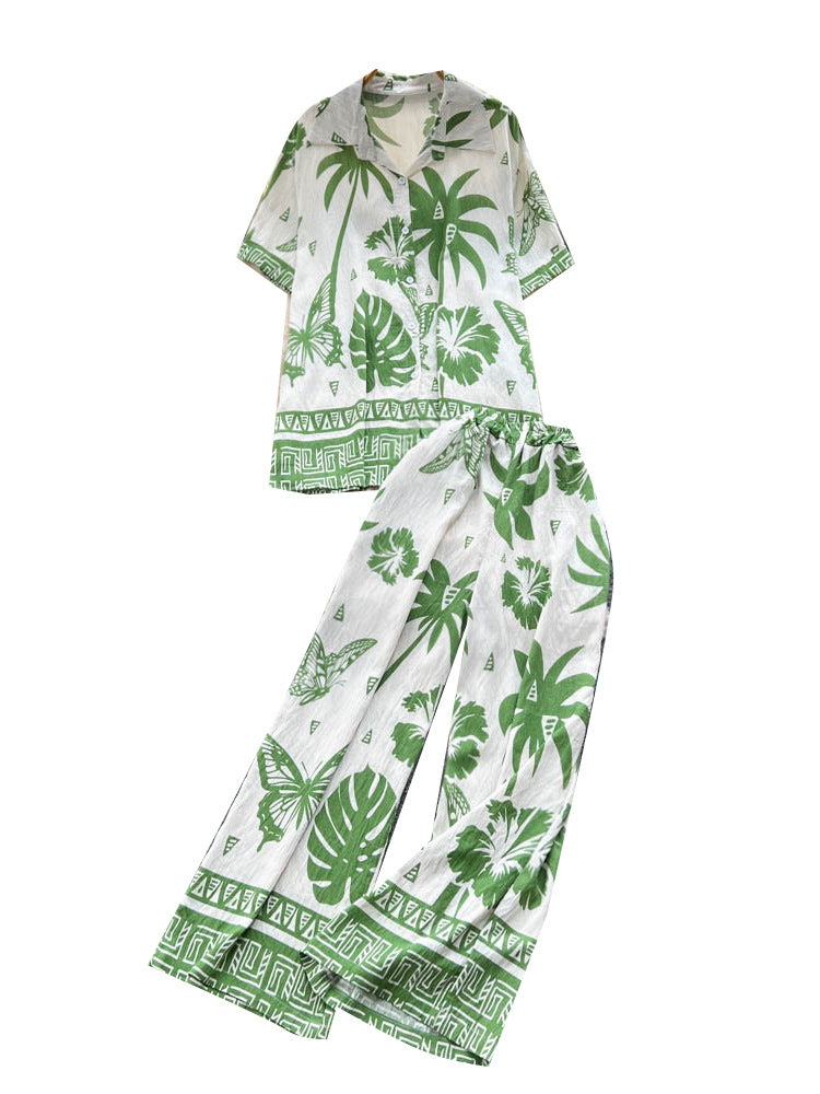 Bohemian-style Printed Short-sleeve Polo-collar Shirt And Wide-leg Pants Set
