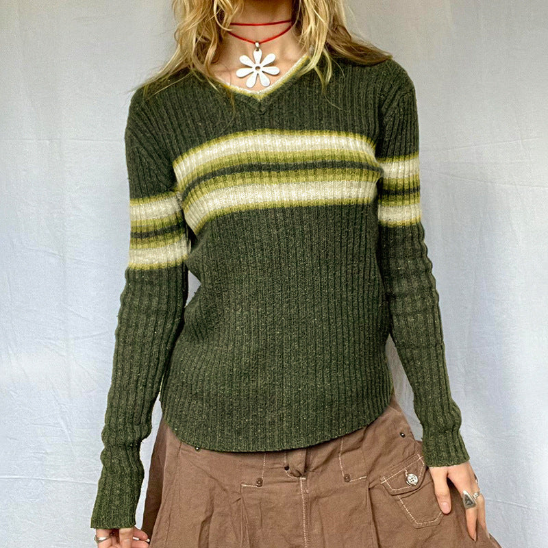 Women's V-neck Striped Sweater Autumn And Winter New