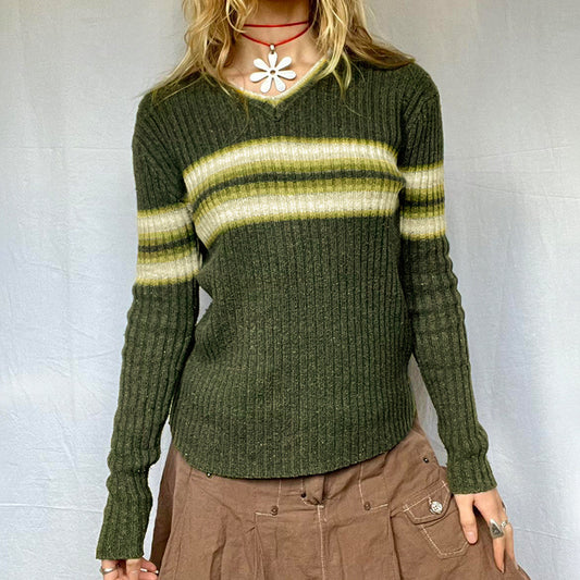 Women's V-neck Striped Sweater Autumn And Winter New