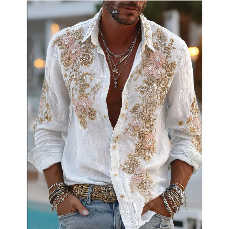 Mens Simple Lapel-Style Printed Long-Sleeve Shirt