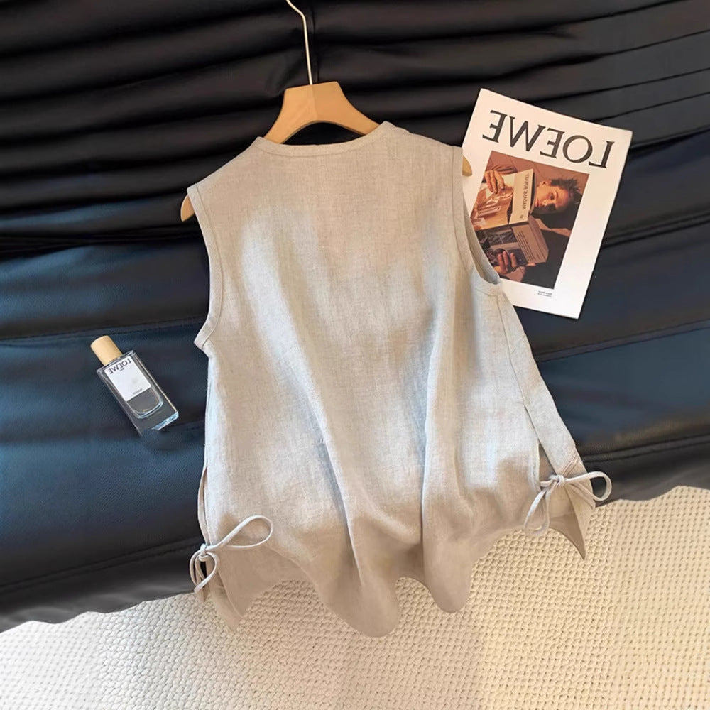 Laqian-stil broderet hørvest med V-udskæring til kvinder Sommer high-end alsidig løs slankende ærmeløs top