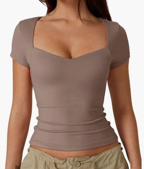 Amazon Cross-border Women's Heart-shaped Collar Short Sleeve T-shirt Women's Solid Color Slim Basic Fashion Exposed Navel