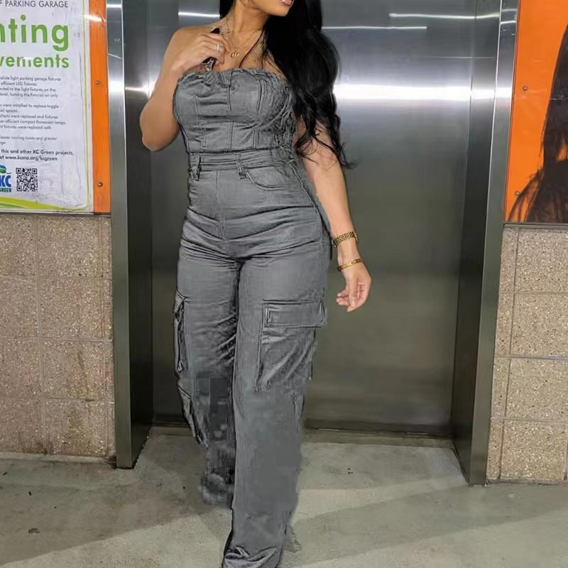 Off-the-shoulder tube top tætsiddende PU-læder jumpsuit med snøredetalje