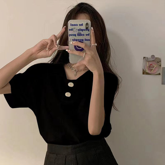 Large Size Women's Summer French T-shirt Short Sleeve Loose