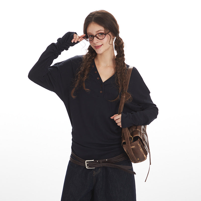 New Womens Fall Slim-fitDesigner-style V-neckWaist-cinching Long-sleeve Top