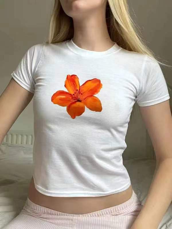 European And American Flower Print Round Neck Short Sleeve Midriff-baring Top T-shirt
