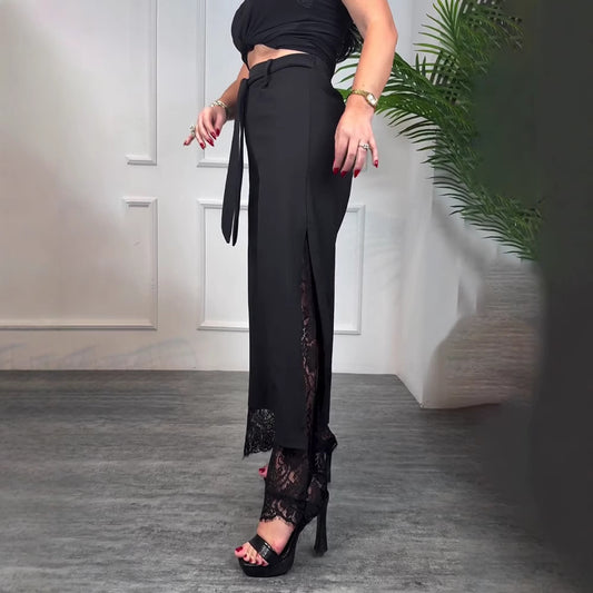 Women's Solid Color Lace Stitching Tied Trousers