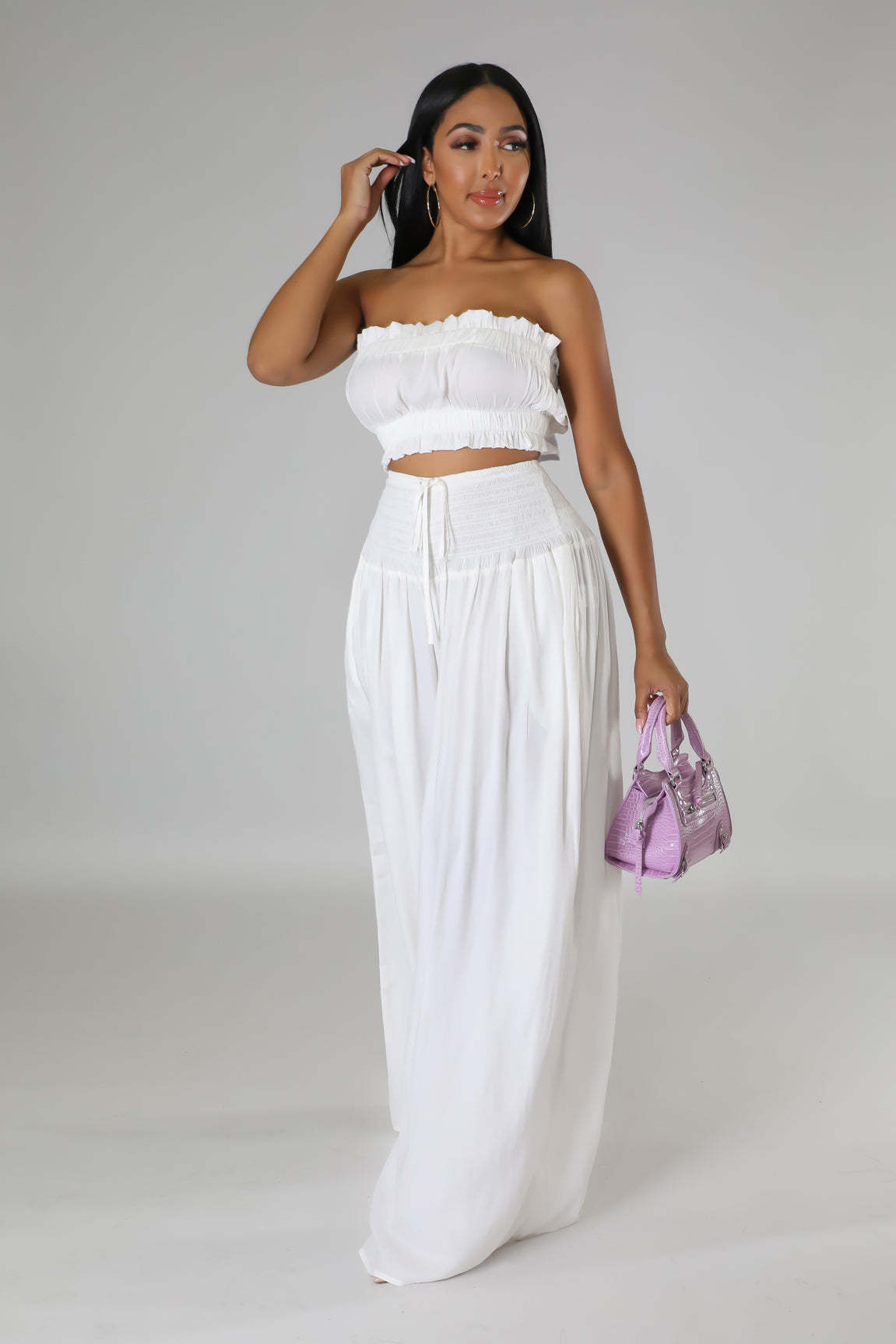 Summer Autumn Solid-Color Womens Casual Tube Top And High-Waist Drawstring Wide-Leg Pants