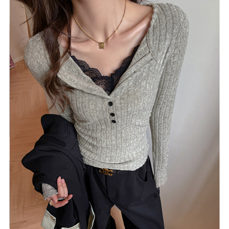 Fashion Lace Spliced Long Sleeve T-shirt Women