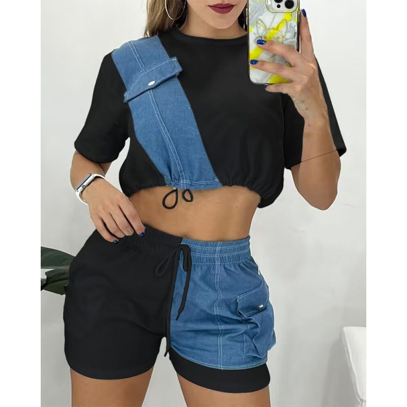 Summer New Women's Denim Stitching Suit